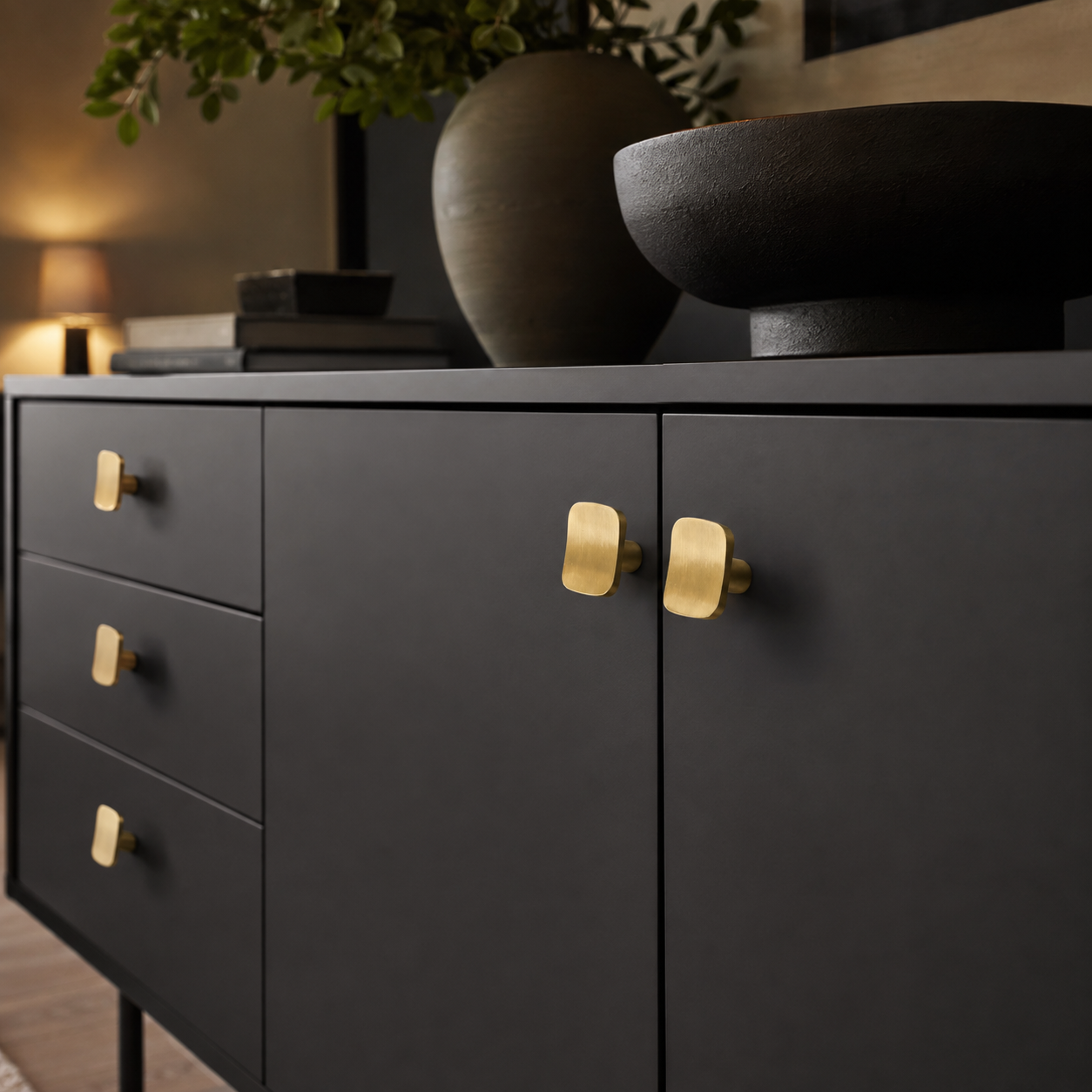 Rounded Rectangular Cabinet Knob in Brushed Brass