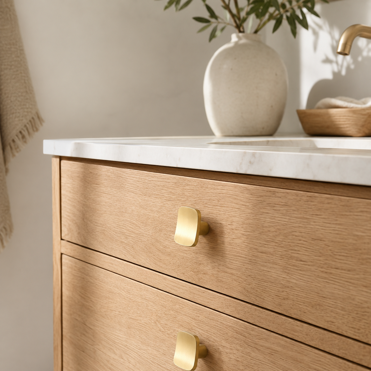 Rounded Rectangular Cabinet Knob in Brushed Brass