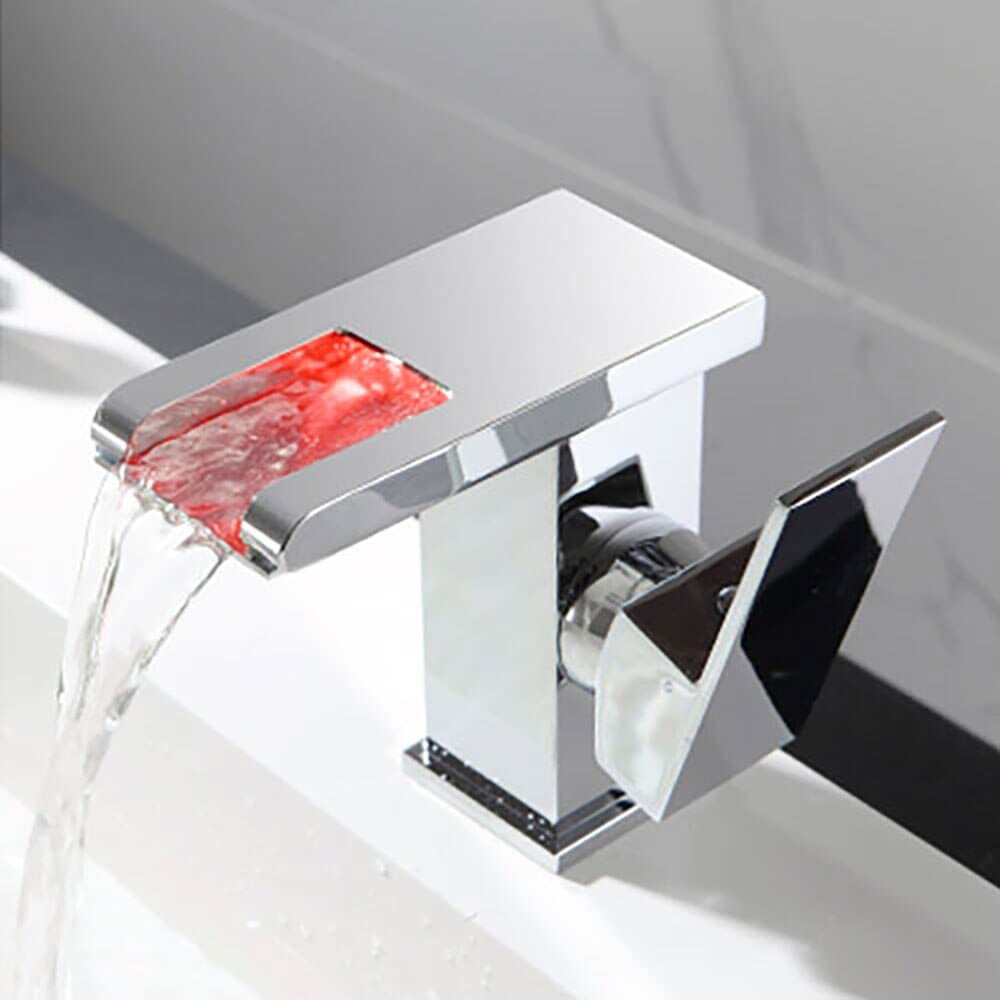 Lumina Modern LED Waterfall Bathroom Sink Faucet With Color-Changing LED Temperature Light