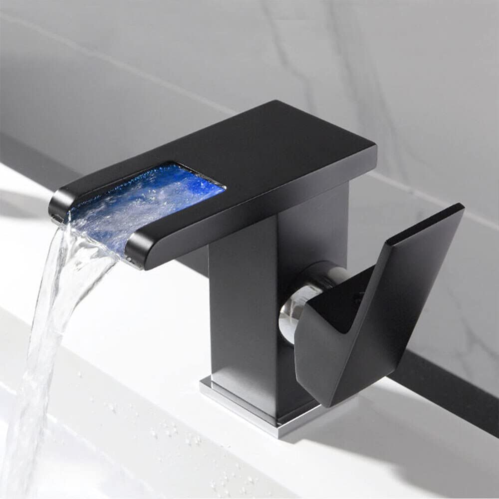Lumina Modern LED Waterfall Bathroom Sink Faucet With Color-Changing LED Temperature Light