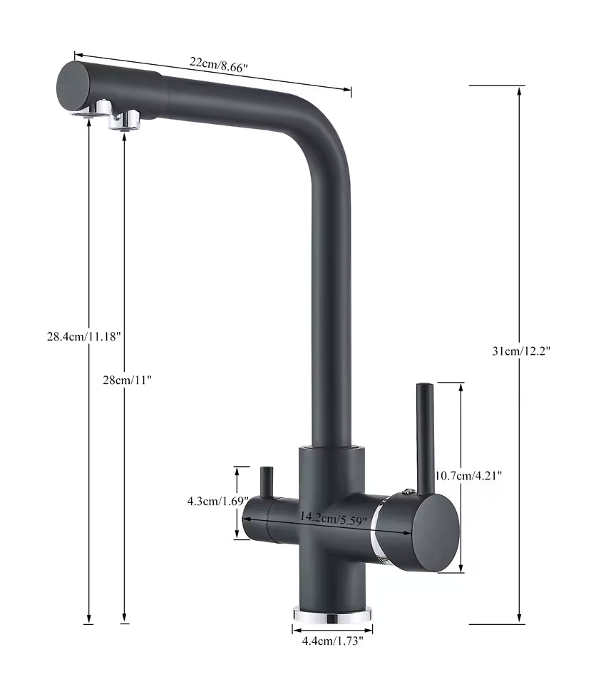 Selma Three-Way Kitchen Faucet with Filter Tap Reverse Osmosis Filters Compatible - Dimensions