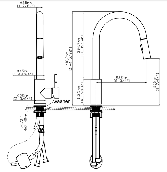 Senso Touch-Activated Pull-Down Kitchen Faucet - Dimensions