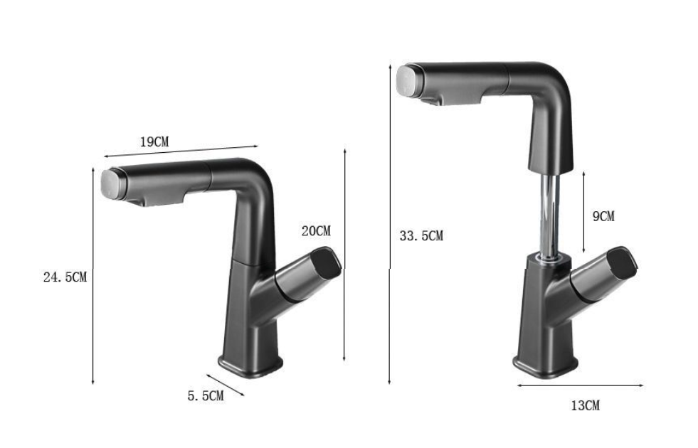 Aquion Single Hole Height Adjustable Pull Out Bathroom Sink Faucet with Dual Spray Modes - Dimensions
