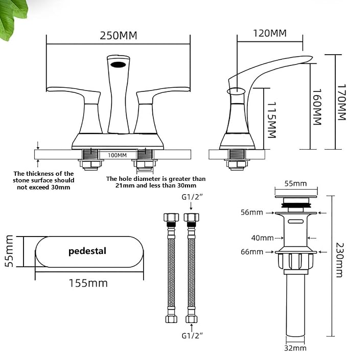 Space-Saving Modern 3-Hole Two-Handle Bathroom Sink Faucet - Dimensions