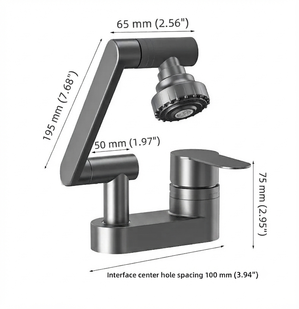 Swivora 2-Mode Rotating Nozzle Bathroom Sink Faucet - Dimensions