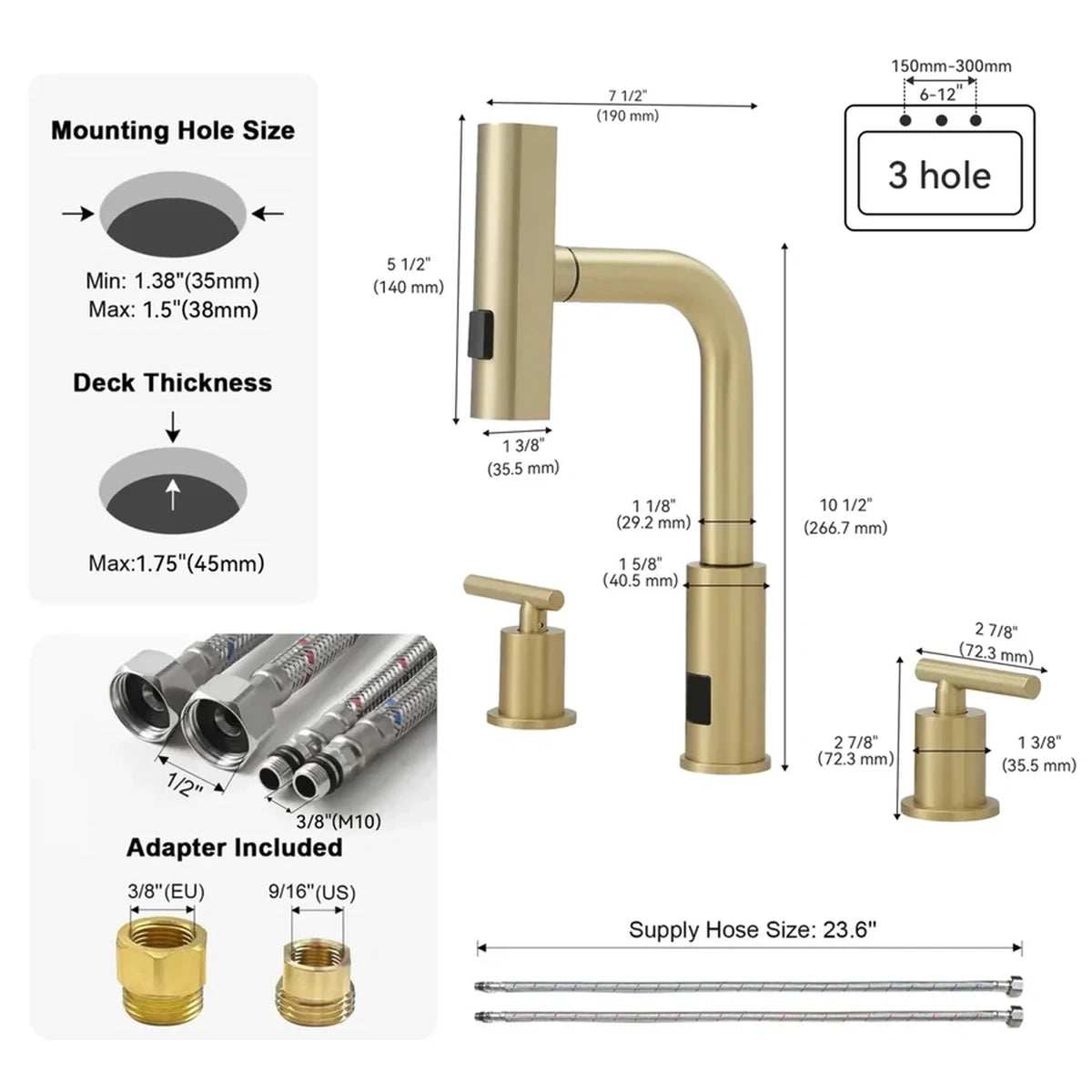 Aurelia Modern Two-Handle Widespread Waterfall Bathroom Faucet With Pull-Out Sprayer - Dimensions