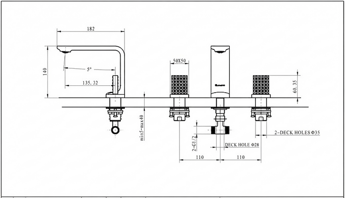 Ultra-Slim 3-Hole Bathroom Sink Faucet - Dimensions