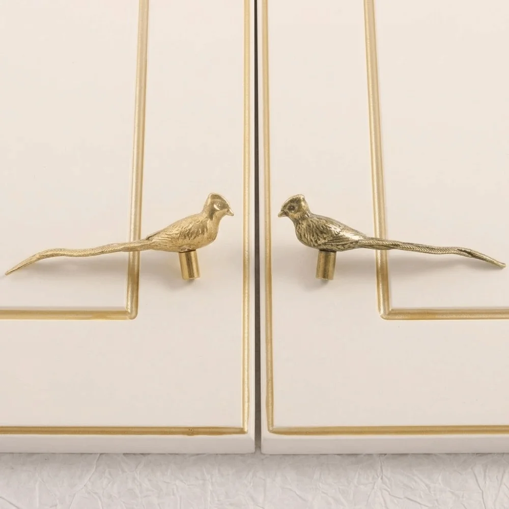 Vintage Solid Brass Bird Cabinet Knob with Long Tail