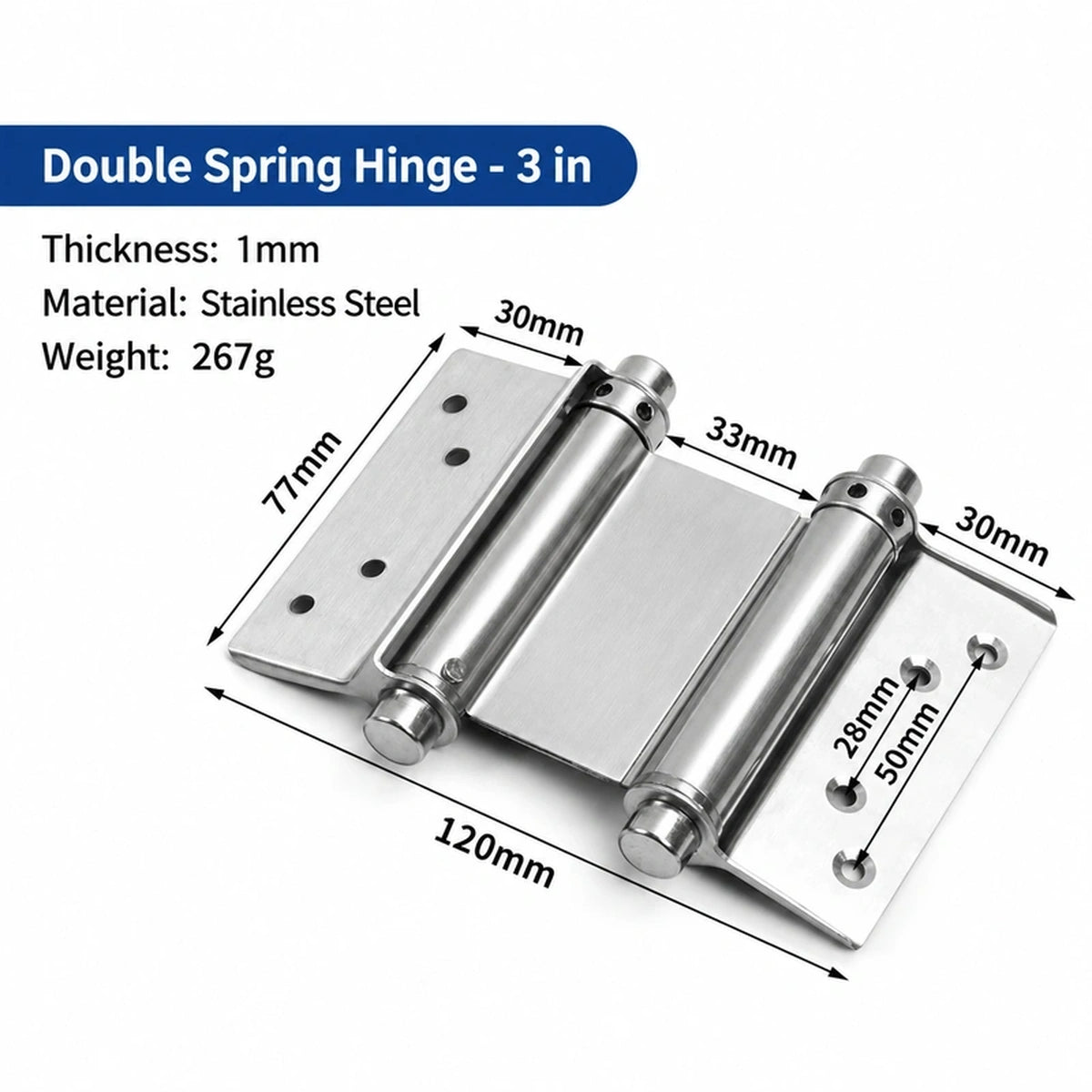 Stainless Steel Double-Action Spring Door Hinges, Self-Closing, 3-Inch to 8-Inch