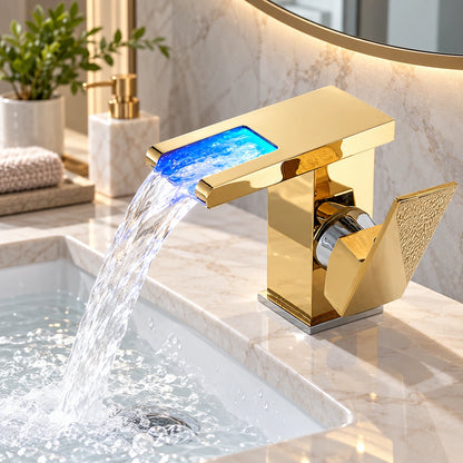 Lumina LED Waterfall Bathroom Sink Faucet with Color-Changing Temperature Light