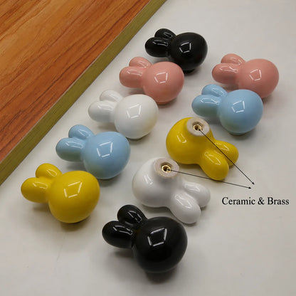 Colorful Ceramic Rabbit Head Cabinet Knobs for Kids Dresser Drawers
