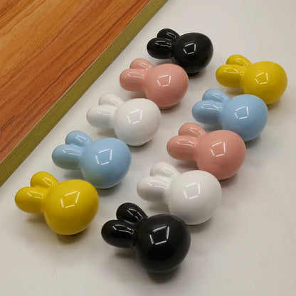 Colorful Ceramic Rabbit Head Cabinet Knobs for Kids Dresser Drawers