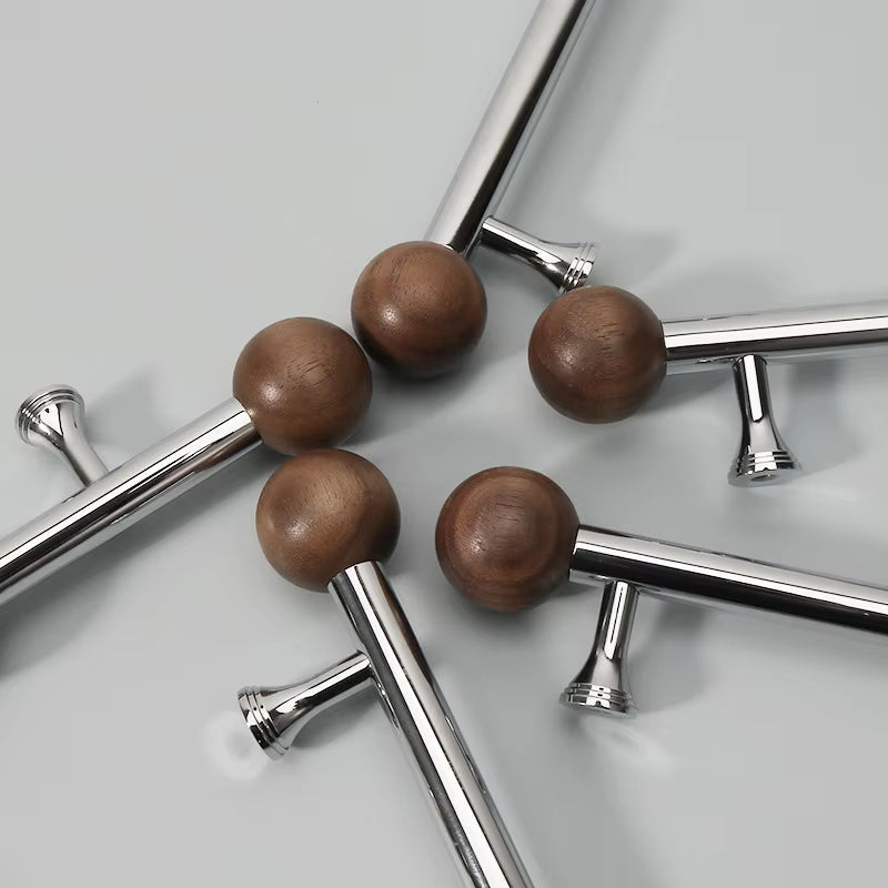 Chrome-Plated Brass and Walnut Cabinet Pulls and Knobs