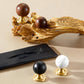 Vintage Walnut Wood Black White Marble Ball Cabinet Knob