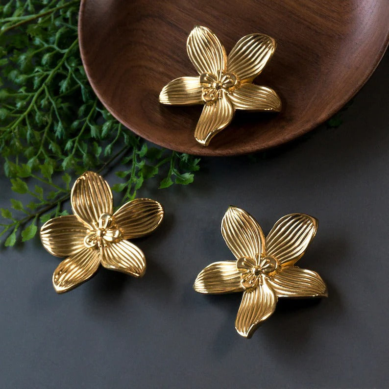 Large Solid Brass Flower Cabinet Knobs