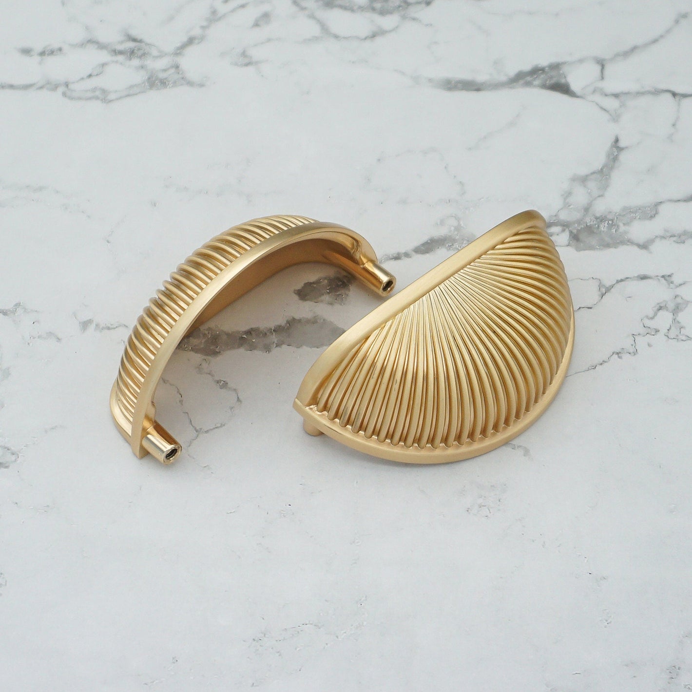 Ribbed Gold Cup Drawer Pulls and Square Cabinet Knobs