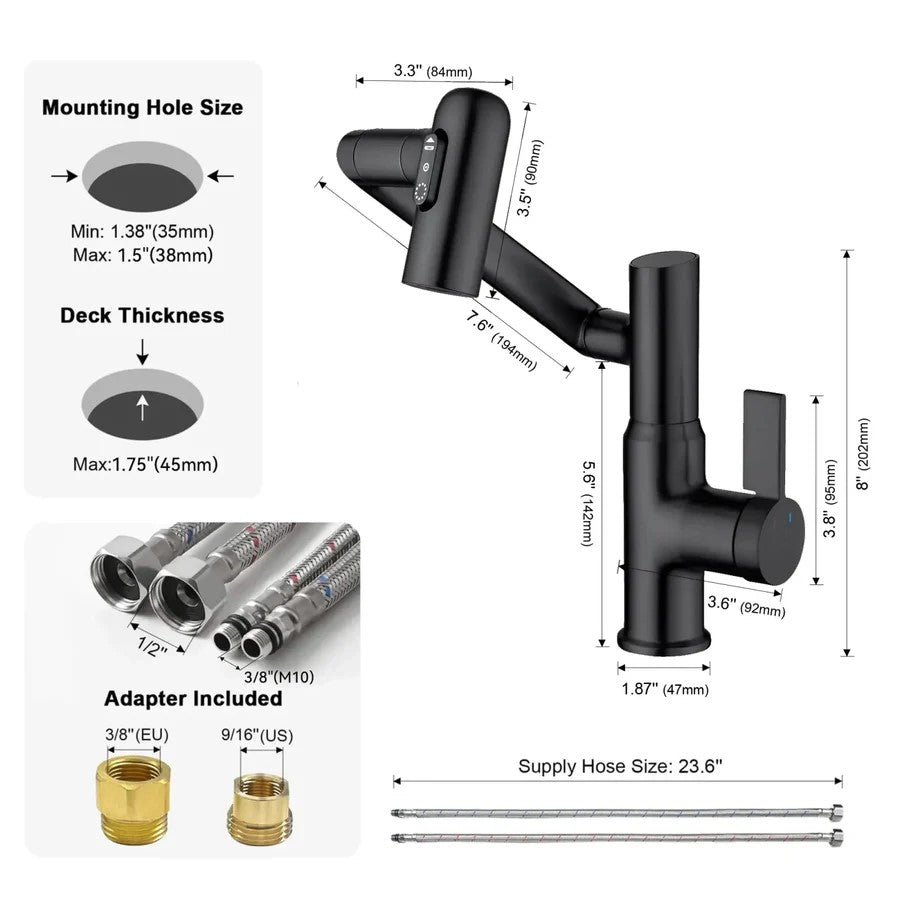 Luma Modern Single Handle 360° Swivel Bathroom Faucet With Digital Temperature Display - Dimensions
