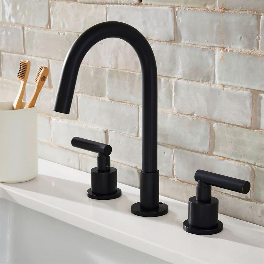 Tivora Minimalist Gooseneck Two-Handle 3-Hole Widespread Bathroom Sink Faucet