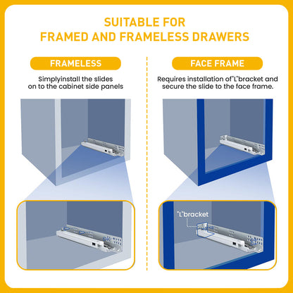 Undermount Soft Close Silver Drawer Slides with Rear mounting Bracket and Locking Devices