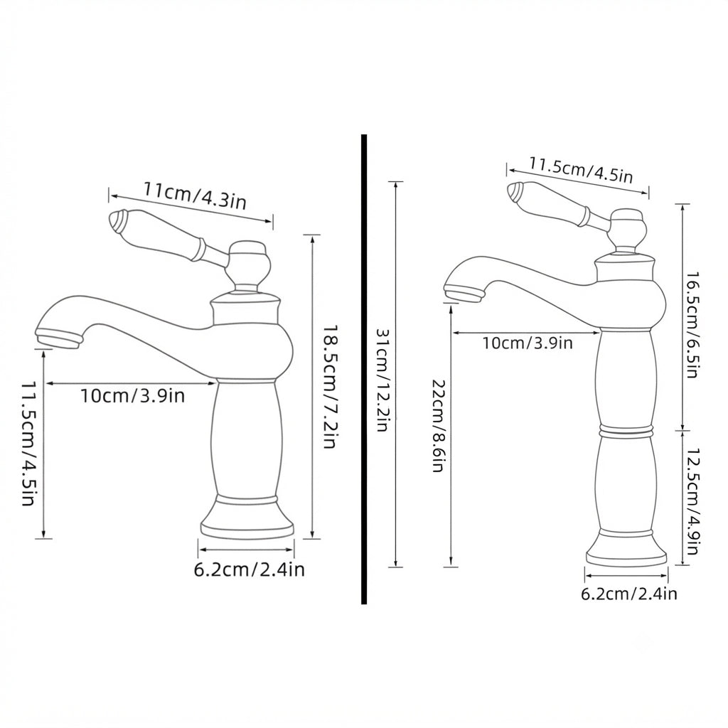 Aurex Retro Solid Brass Single Hole Bathroom Sink Faucet, Sink Mixer, Hot and Cold Water Tap - Dimensions