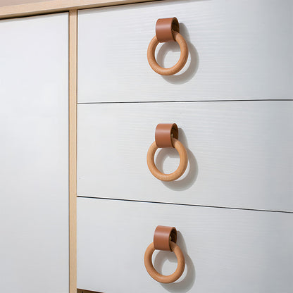 Wood Ring Leather Cabinet and Drawer Knobs
